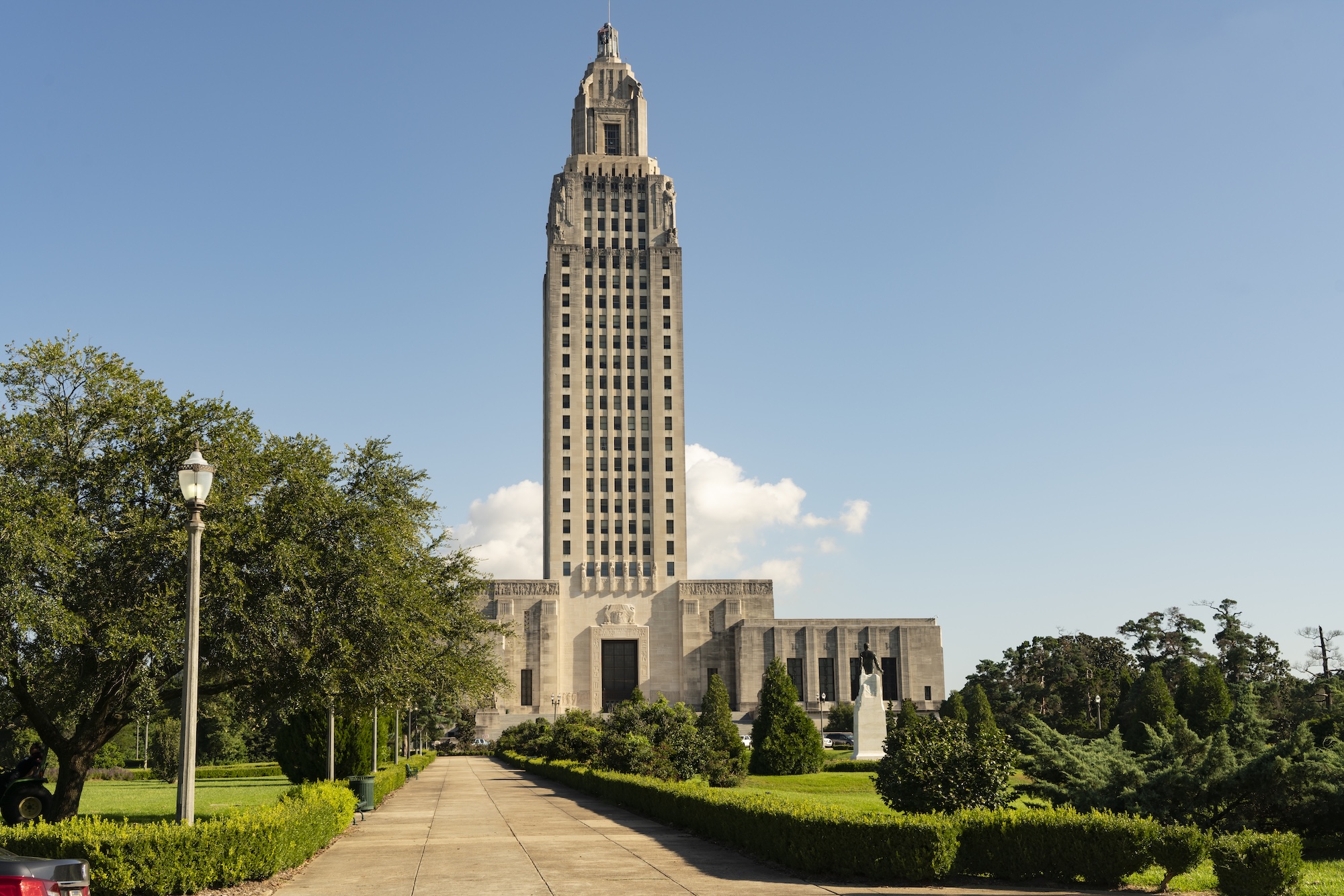 A horizontal composition of the front entrance area at the State Capital Building Baton Rouge Louisiana