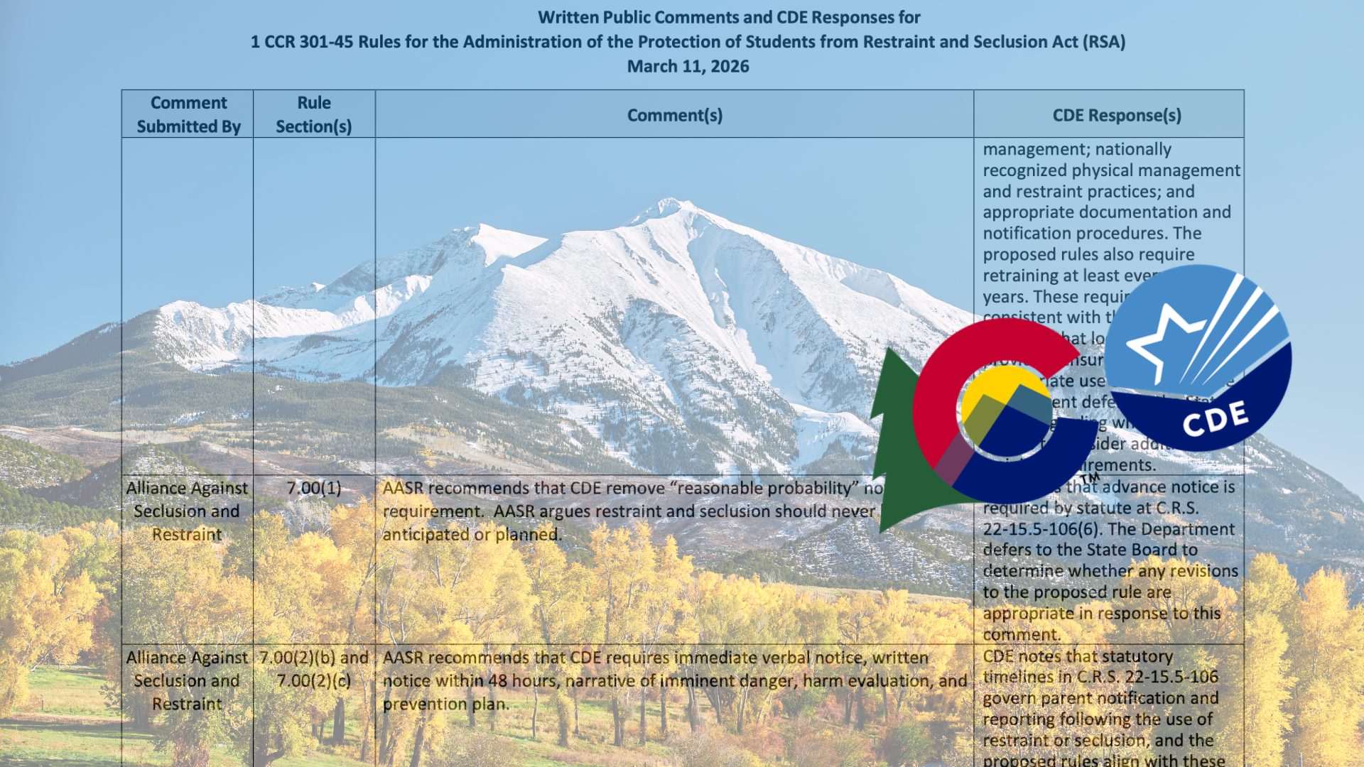 The Colorado Department of Education (CDE) feedback